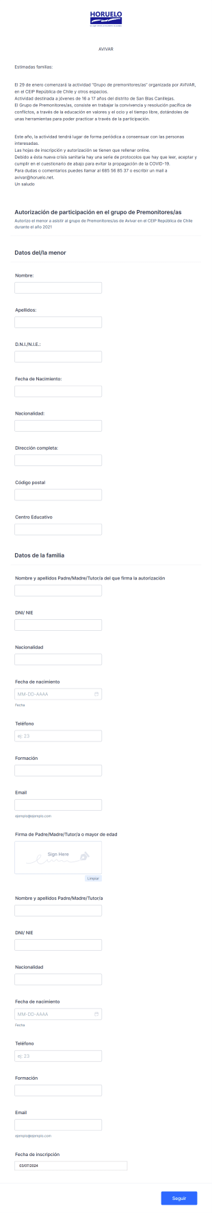 Inscripción De Avivar Form Template