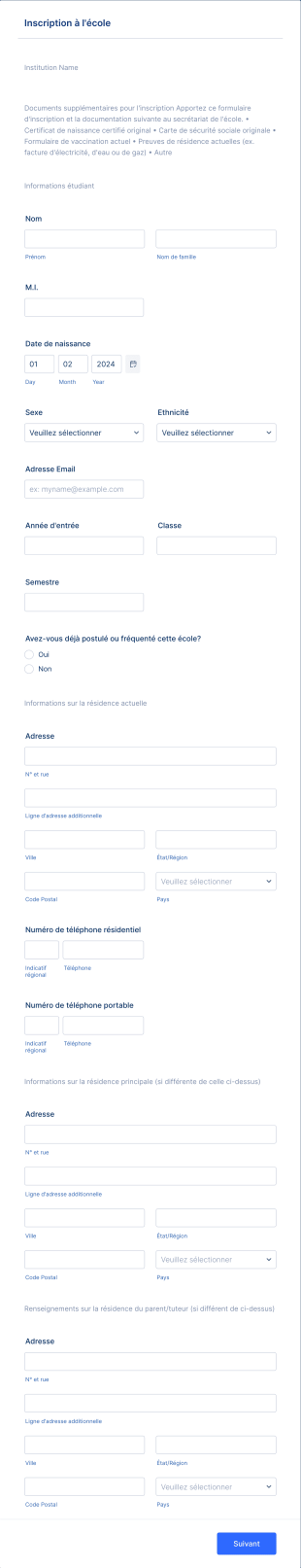 Inscription à L'école Form Template