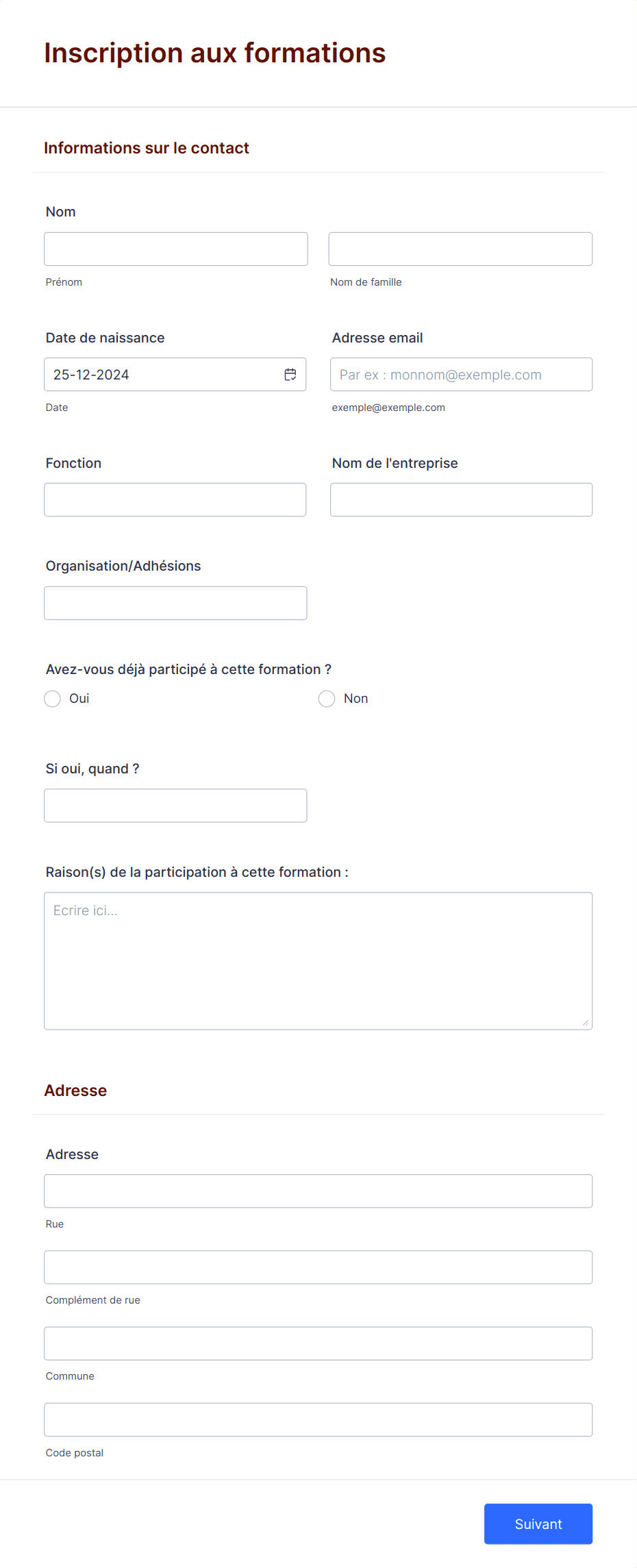 Inscription aux formations Modèle du formulaire | Jotform