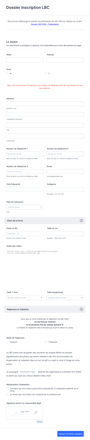 Inscription BASKET CAMP Form Template