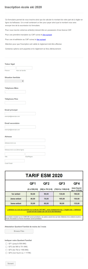 Inscription école Ski 2020 Form Template