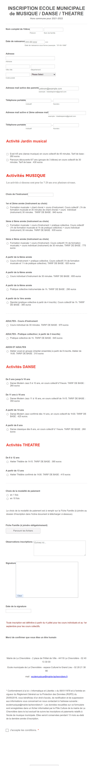 INSCRIPTION ECOLE MUNICIPALE De MUSIQUE / DANSE / THEATRE (autres Communes)