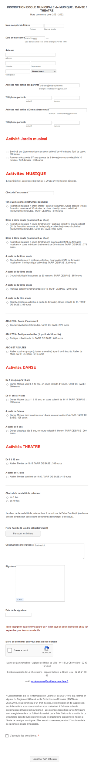 INSCRIPTION ECOLE MUNICIPALE De MUSIQUE / DANSE / THEATRE (autres Communes)