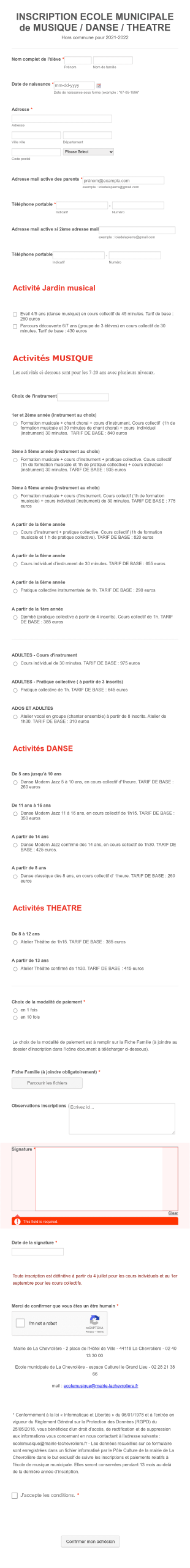 INSCRIPTION ECOLE MUNICIPALE De MUSIQUE / DANSE / THEATRE (autres Communes) Form Template