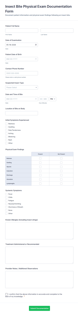 Insect Bite Physical Exam Documentation Form Template