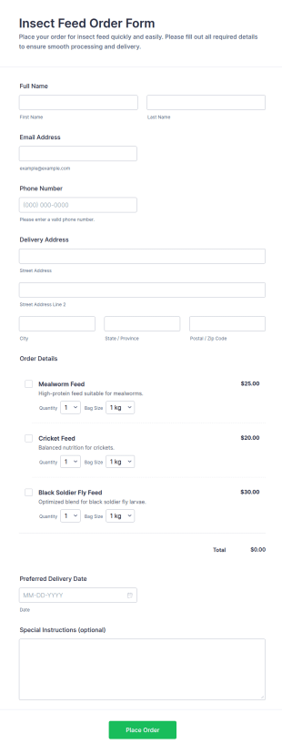 Insect Feed Order Form Template