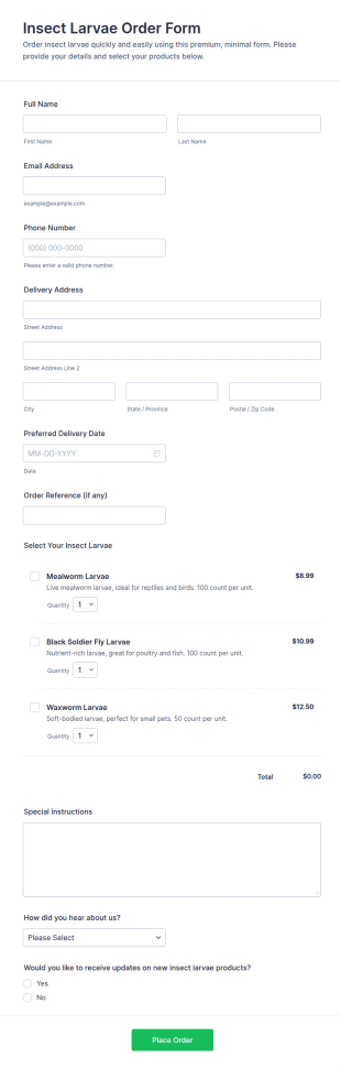 Insect Larvae Order Form Template