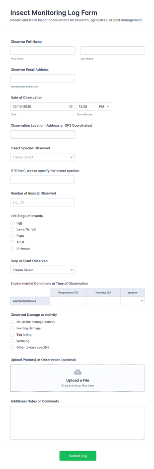 Insect Monitoring Log Form Template