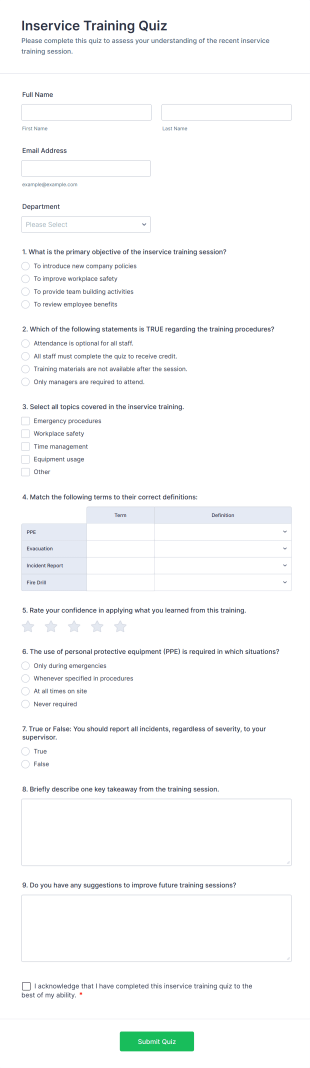 Inservice Training Quiz Form Template