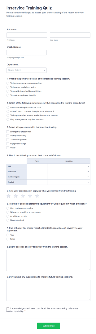 Inservice Training Quiz Form Template