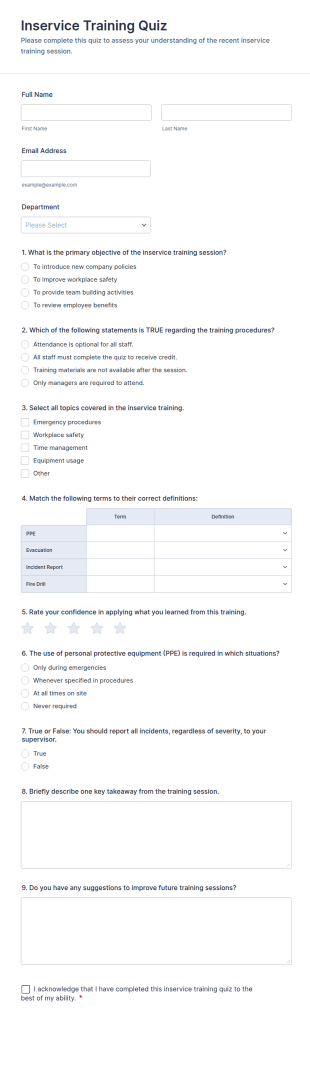 Inservice Training Quiz Form Template