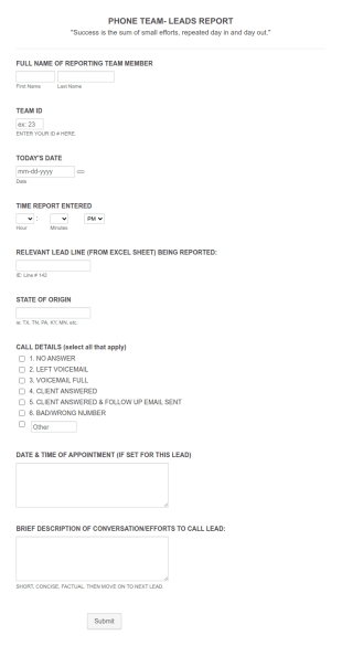 Inside Sales Call Report Form Template
