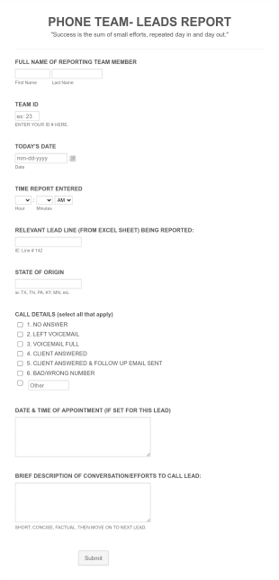 Inside Sales Call Report Form Template