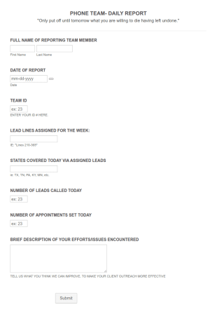 Inside Sales Daily Calls Report Form Template