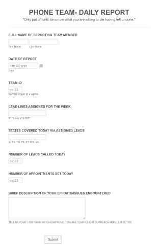 Inside Sales Daily Calls Report Form Template