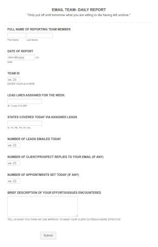 Inside Sales Daily Emails Report Form Template
