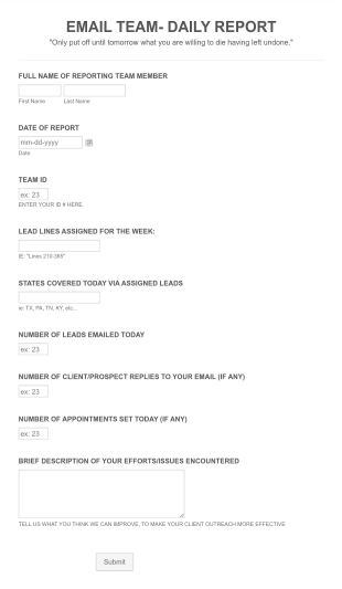 Inside Sales Daily Emails Report Form Template