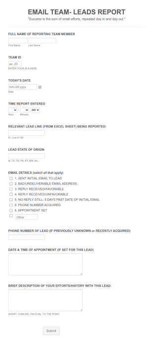 Inside Sales Email Report Form Template
