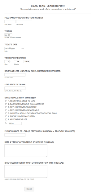 Inside Sales Email Report Form Template