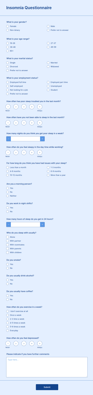 Insomnia Questionnaire Form Template