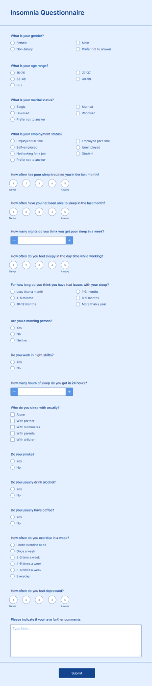 Insomnia Questionnaire Form Template