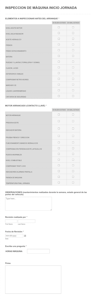 Inspeccion Máquinas Inicio Jornada Form Template