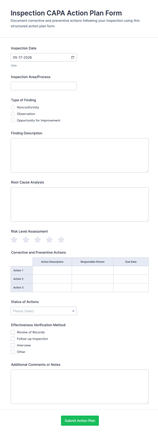 Inspection CAPA Action Plan Form Template