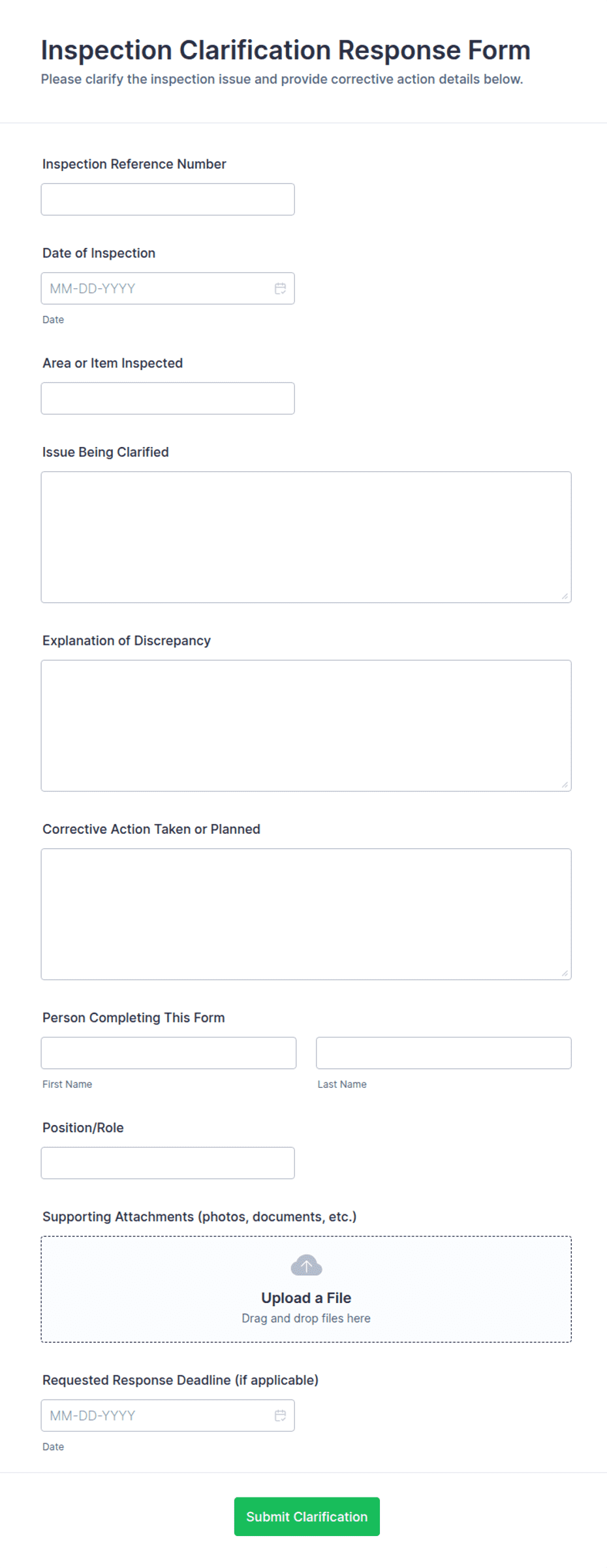 Inspection Clarification Response Form Template | Jotform