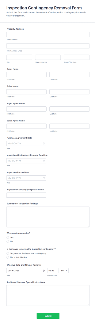 Inspection Contingency Removal Form Template