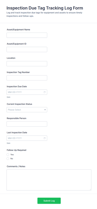 Inspection Due Tag Tracking Log Form Template