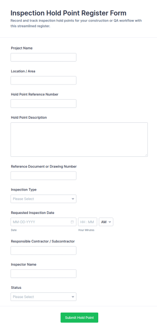 Inspection Hold Point Register Form Template