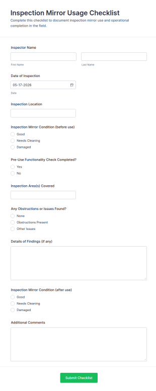 Inspection Mirror Usage Checklist Form Template