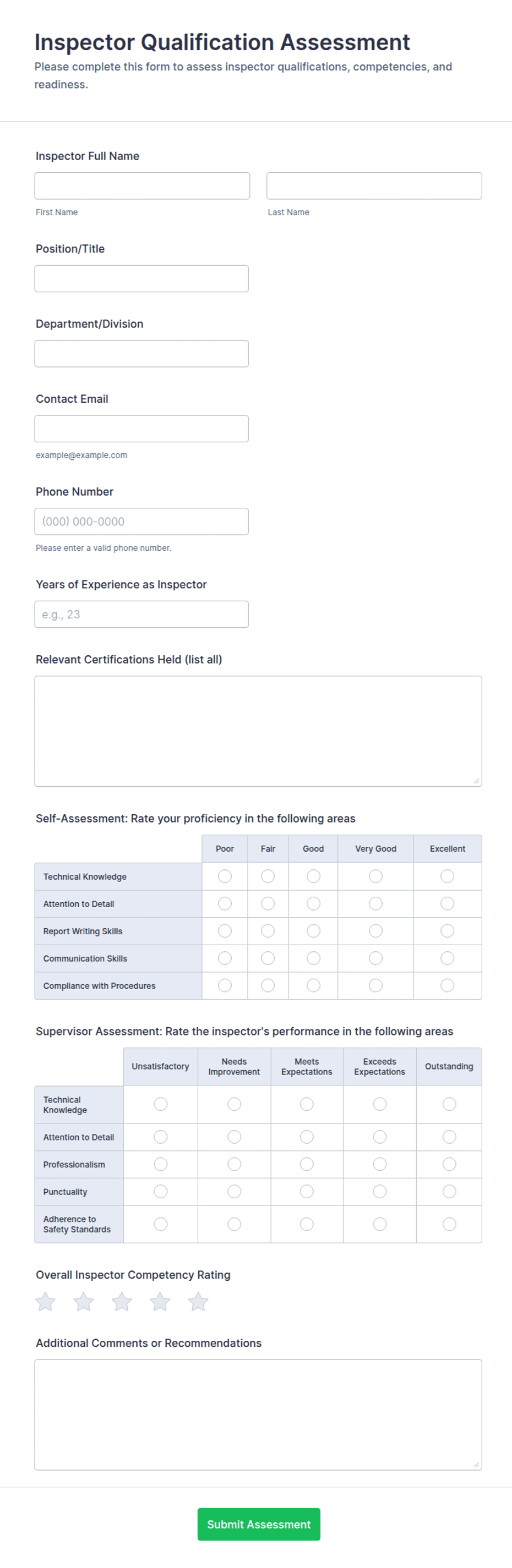 Inspector Qualification Assessment Form Template | Jotform