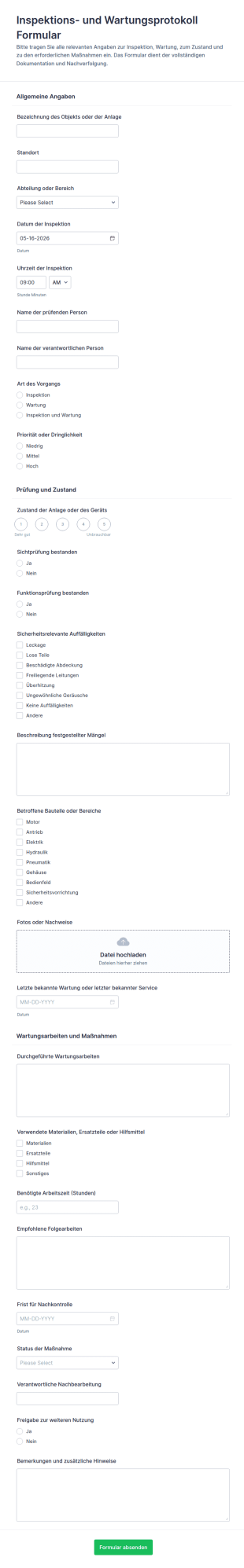 Inspektions Und Wartungsbericht Formular