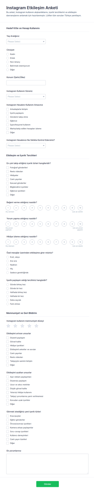 Instagram Etkileşim Anketi Form Şablonu