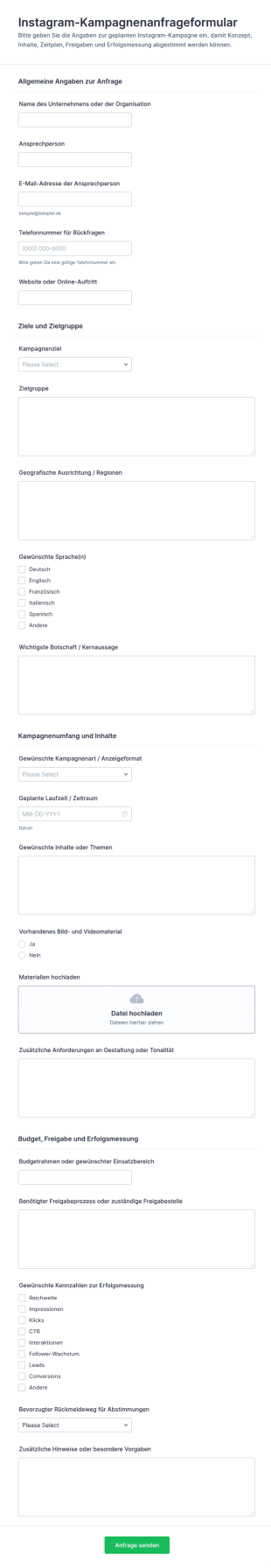 Instagram Kampagnenanfrage Formular