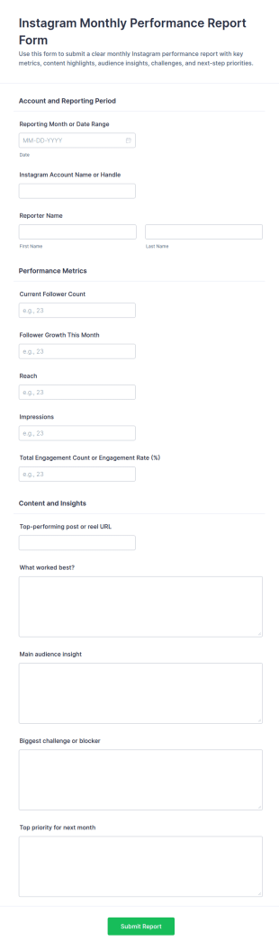 Instagram Monthly Performance Report Form Template
