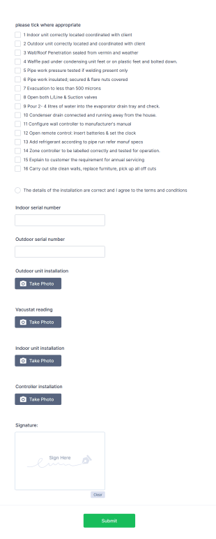 Air Conditioner (HVAC) Installation Checklist Form Template