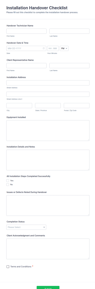 Installation Handover Checklist Form Template