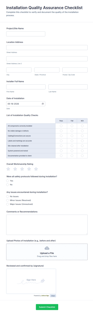 Installation Quality Assurance Checklist Form Template