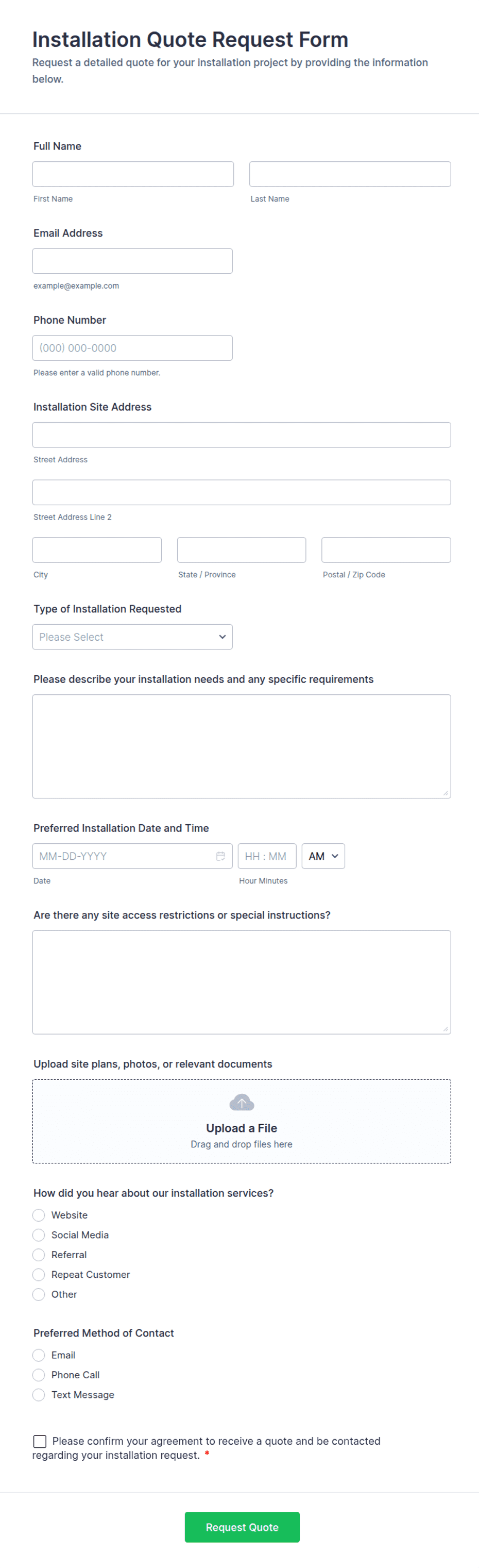Example Template Form Installation Installation Quote Request Form Template | Jotform