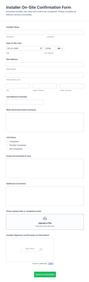 Installer On Site Confirmation Form Template