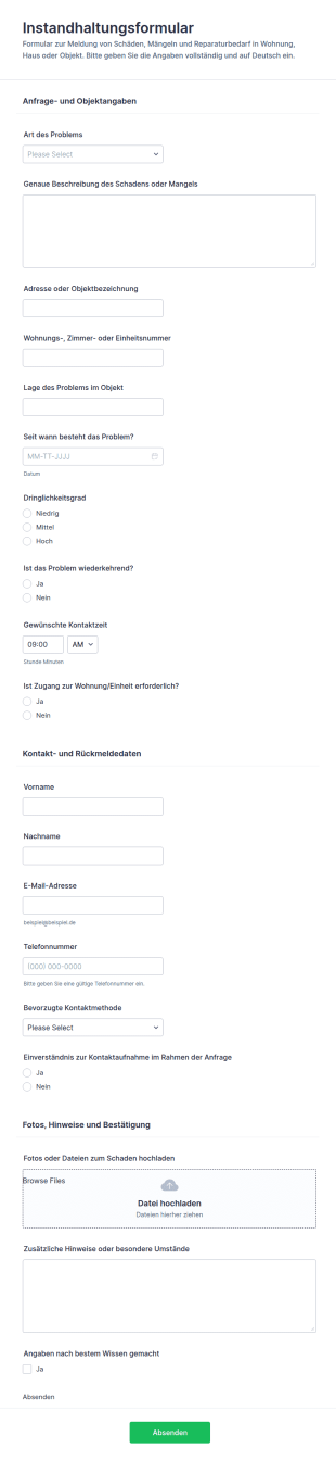 Instandhaltungsanfrage Formular