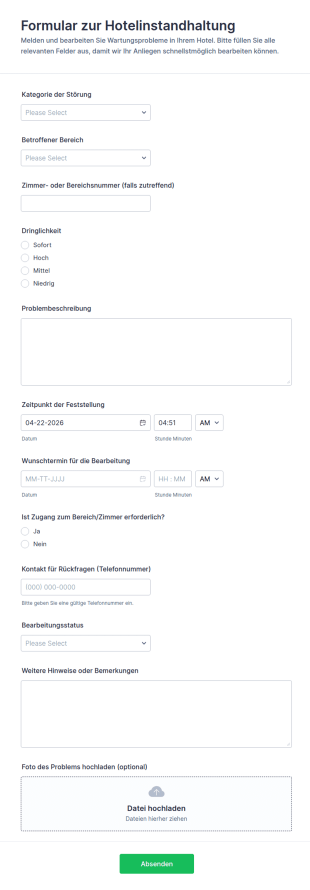 Instandhaltungsanfrage Für Hotels Formular