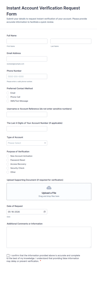 Instant Account Verification Request Form Template