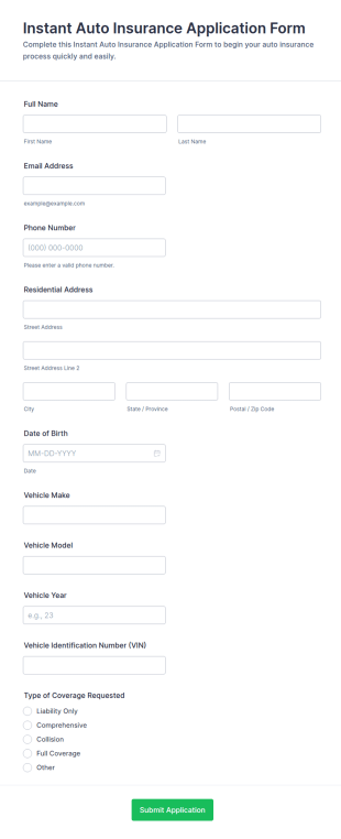 Instant Auto Insurance Application Form Template