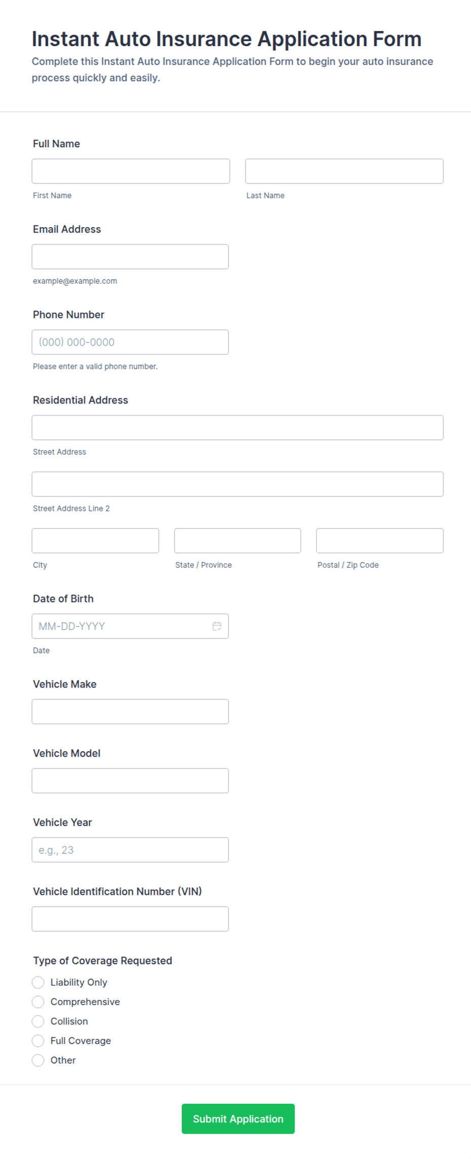 Other Insurance Autoform Instant Auto Insurance Application Form Template | Jotform