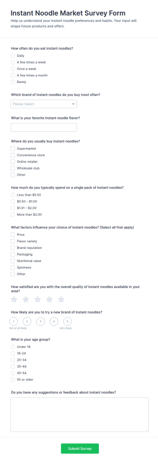 Instant Noodle Market Survey Form Template