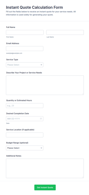 Instant Quote Calculation Form Template