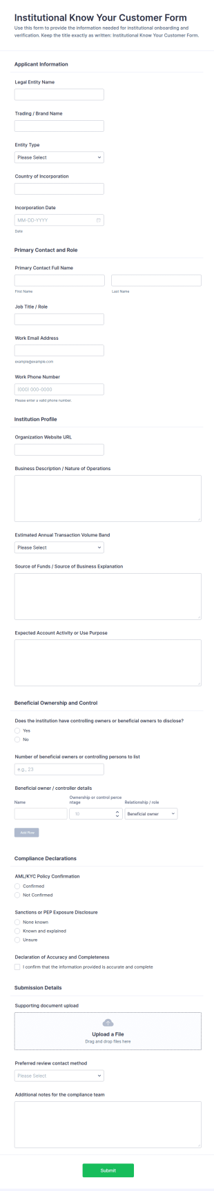 Institutional Know Your Customer Form Template